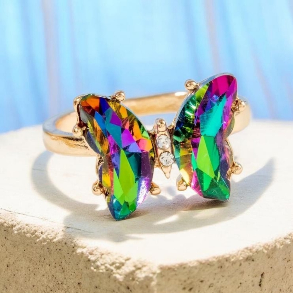 Butterfly Rainbow Topaz Crystal Ring. Sz 5.5 Goldtone